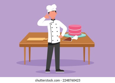 Grafische flache Design Zeichnung erfahrenen Chefkoch stehen mit nennen mich Geste und Kochen einheitlichen Zutaten zubereiten, um die besten Gerichte zu kochen. Männlicher Koch mit süßem Kuchen auf dem Tisch. Cartoon-Stil, Vektorgrafik