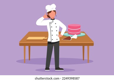 Graphic flat design drawing skilled chef standing with call me gesture, cooking uniform prepare ingredient to cook best dishes. Female chef with sweet cake on table. Cartoon style vector illustration