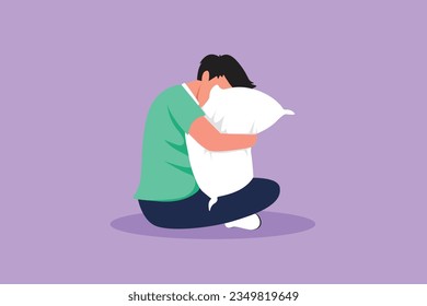 Graphic flat design drawing sleepy man sitting and hugging pillow. Sleeping handsome male hugs or holding pillow or overslept to work. Sweet dream or sleep concept. Cartoon style vector illustration