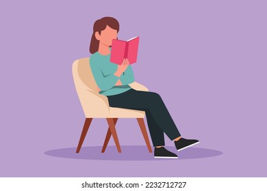 Grafische flache Design-Zeichnung von cleveren Mädchen Student sitzend auf Stuhl und Lesen Buch in der Bibliothek oder Buchhandlung. Frauen lernen Schülerinnen. Weibliche Bildung, Lernen, Unterricht. Cartoon-Stil, Vektorgrafik