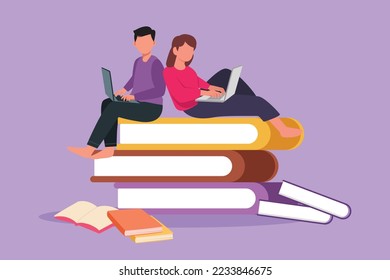 Graphic flat design drawing smart couple with laptop computer sitting on pile of book together. Freelance, distance learning, online courses. Man and woman studying. Cartoon style vector illustration