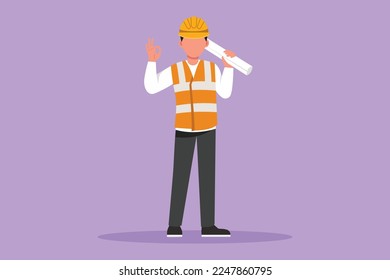 Graphic flat design drawing smart male architect standing holding roll of paper work with okay gesture and wearing helmet carrying blueprint for building's work plan. Cartoon style vector illustration