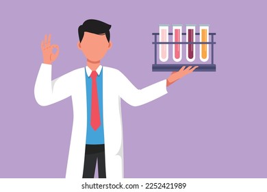 Graphic flat design drawing of smart male scientist holding measuring tube with okay gesture and examining chemical solution to make vaccine due to pandemic outbreak. Cartoon style vector illustration