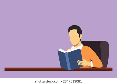 Graphic flat design drawing smart student sitting at table, holding book in hand. Active student reading book in library. Student reading book and preparing for exam. Cartoon style vector illustration
