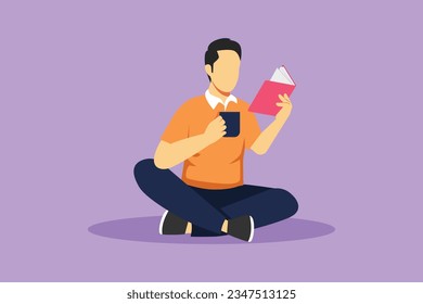 Graphic flat design drawing smart student preparing for exam. Young man studying, reading textbook, drink cup of coffee. Reader sitting on floor, learning in library. Cartoon style vector illustration