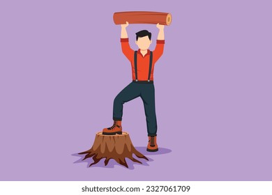 Graphic flat design drawing smiling lumberjack man holding downed log. Wearing suspender shirt, jeans and boots, posing with one foot on tree stump. Male lifting log. Cartoon style vector illustration