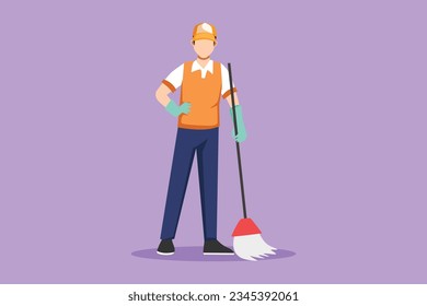 Dibujo gráfico de diseño plano sonriente janitor masculino de pie en uniforme, piso de barrido con escoba, limpieza profesional, servicios de oficina y en casa. Ilustración vectorial de estilo de dibujos animados