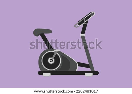 Graphic flat design drawing static bike fitness sport icon, logotype, label, symbol. Bicycle exercise machine. Stationary exercise bike gym. Static bike for workout. Cartoon style vector illustration