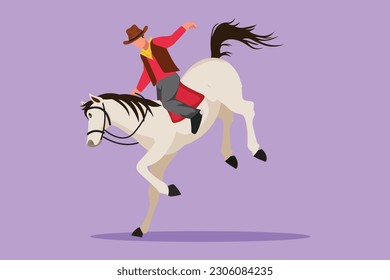 Graphic flat design drawing of strong and brave cowboy on wild horse mustang. Rodeo cowboy riding wild horse on wooden sign. Stylized cowboy riding wild horse race. Cartoon style vector illustration
