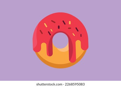 Diseño plano gráfico estilizado de la etiqueta del logotipo de la tienda de artículos no usados. Emblem fast food doughnut restaurant concepto para cafe shop o servicio de entrega de comida. Desayuno delicioso. Ilustración vectorial de estilo de dibujos animados