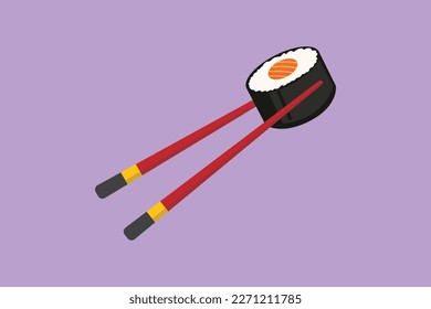 Graphic flat design drawing stylized Japanese maki sushi bar with chopstick logo label symbol. Emblem sea food restaurant concept for shop or food delivery service. Cartoon style vector illustration