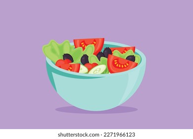 Graphic flat design drawing stylized vegetables salad on bowl logo label flyer sticker symbol. Healthy food restaurant concept for cafe, shop, food delivery service. Cartoon style vector illustration