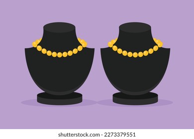 Graphic flat design drawing of stylized necklace stands with jewellery on display. Black busts with beads and necklace. Ladies holder jewelry, bijouterie icon symbol. Cartoon style vector illustration