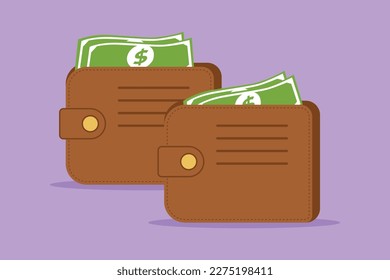 Diseño plano gráfico de la billetera marrón estilizada con dinero de papel verde. Cartera con etiqueta del logotipo de los billetes en dólares. Cartera con dinero. Concepto de pago en línea. Ilustración vectorial de estilo de dibujos animados