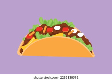 Graphic flat design drawing stylized Mexican taco logo label. Emblem fast food nacho restaurant for cafe shop or food delivery service. Delicious meal for breakfast. Cartoon style vector illustration