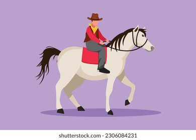 Graphic flat design drawing stylized cowboy riding standing horse at desert. Strong and brave man with cowboy hat riding horse. Senior men pose elegance on horseback. Cartoon style vector illustration