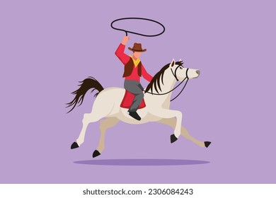 Graphic flat design drawing stylized cowboy on horse galloping across dusty field. Happy cowboy on bucking horse running with lasso. Cowboy with rope lasso on horse. Cartoon style vector illustration