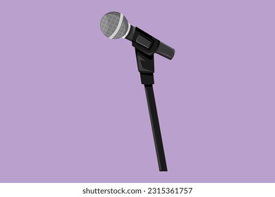 Graphic flat design drawing stylized stand mic with microphone on blue background. Singer equipment for sing song with standing mic at music concert summer festival. Cartoon style vector illustration