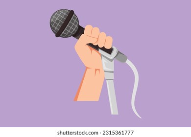 Graphic flat design drawing stylized singer hand using microphone logo. Karaoke people sings the song to microphone. Stand up comedian holding microphone in his hand. Cartoon style vector illustration