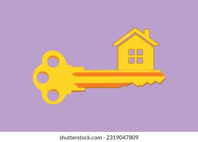 Graphic flat design drawing stylized key with house shape symbol. Home security key house logo design. Real Estate concept, template for sales, rental, advertising. Cartoon style vector illustration