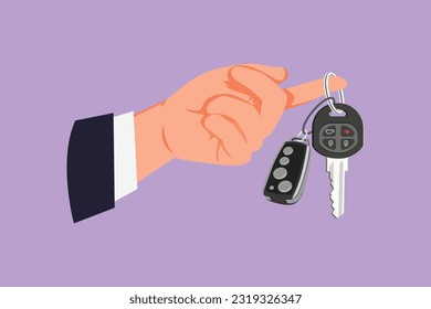 Graphic flat design drawing stylized man handing over keys. Car rental for sale. Hand holding car key with alarm keychain. Hand of car salesman manager holding key. Cartoon style vector illustration