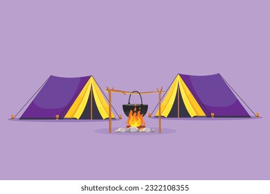 Graphic flat design drawing stylized camping composition with two tents fire cool box isolated on blue background. Trees, night sky, adventure, nature, trip, travel. Cartoon style vector illustration