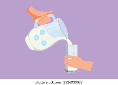 Graphic flat design drawing stylized human hand pouring fresh water from jug with ice into glass. Splashing and pouring pure aqua water in glass from pitcher symbol. Cartoon style vector illustration