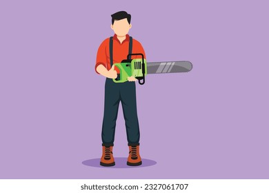 Graphic flat design drawing of stylized lumberjack man with workwear and chainsaw. Wearing shirt, jeans and boots. Lumberjack pose on the logging forest logo, symbol. Cartoon style vector illustration