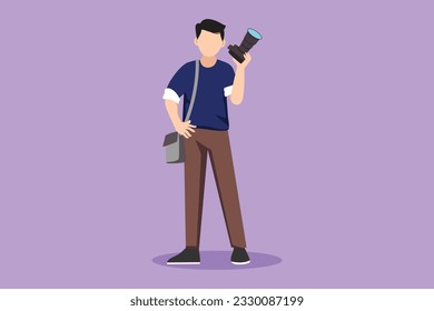 Grafische flache Design Zeichnung stilisierten paparazzi und journalistische Beruf, mit Digitalkamera und Sling-Tasche Symbol stehen. Professioneller Fotograf, der Bilder macht. Cartoon-Stil, Vektorgrafik