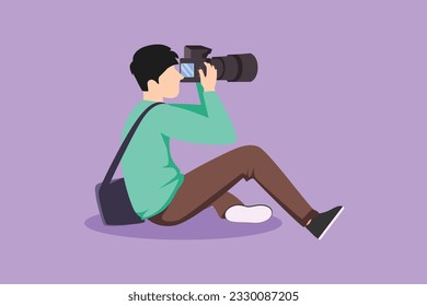 Graphic flat design drawing stylized male photographer of paparazzi taking photo with modern digital camera with angles. Journalist or reporter making pictures icon. Cartoon style vector illustration