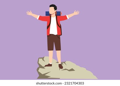 Graphic flat design drawing successful climber man stands with arms outstretched on top of mountains. Male raised his hands up in joy. Achieving success. Guy power. Cartoon style vector illustration