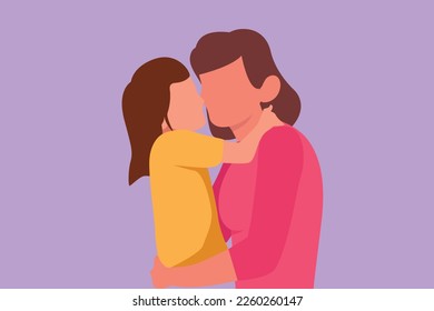 Graphic flat design drawing sweet little girl is hugging and kissing her beautiful mom in cheek while sitting on bed at home. Mothers day. Happy mother and daughter. Cartoon style vector illustration