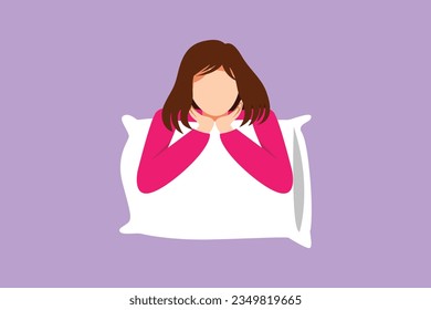 Graphic flat design drawing of sweet dream or sleep. Sleeping young girl hugs or holding pillow or overslept to work. Beautiful woman took sleeping pill for insomnia. Cartoon style vector illustration