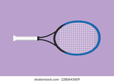 Graphic flat design drawing tennis racket logotype label template symbol. Tennis gear for game. Tennis court sport. Tennis as sport, hobby, classes. Outdoor activity. Cartoon style vector illustration