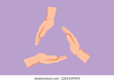 Graphic flat design drawing three palm hands make triangle frame shape. Symbol of safety or recycle. Communication with hand gestures. Nonverbal signs for education. Cartoon style vector illustration