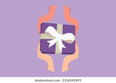 Graphic flat design drawing top view of happy couple hands gives gift box presents. Romantic surprise logo, icon, symbol. Birthday presents cardboard box with ribbon. Cartoon style vector illustration