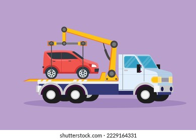 Graphic flat design drawing tow truck is transporting broken car on top of it with crane. The car is taken to garage for service. 
Service assistance on the highway. Cartoon style vector illustration