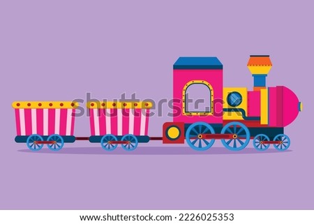Graphic flat design drawing train locomotive with two carriages in form of a roving steam system in amusement park to transport passengers. Happy childhood memories. Cartoon style vector illustration