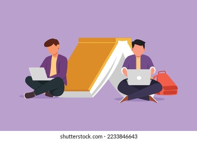 Graphic flat design drawing two young man studying with laptop and leaning on big book. Back to school, smart student sitting and learning together, online education. Cartoon style vector illustration
