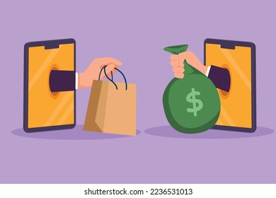 Graphic flat design drawing two hands out of smartphone screen to exchange shopping bags with money bag. Sale, digital payment technology. Online store and trading. Cartoon style vector illustration