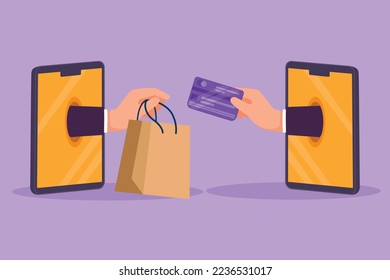 Graphic flat design drawing two hands out of smartphone screen to exchange shopping bag with credit card. Sale, digital payment technology. Online store and trading. Cartoon style vector illustration