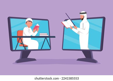 Graphic flat design drawing two monitor standing in front of each other, one side contains male student studying and the other contains Arabian male teacher teaching. Cartoon style vector illustration
