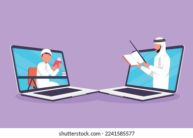 Graphic flat design drawing two laptop are standing in front of each other, one side contains male student studying and the other contains Arab male teacher teaching. Cartoon style vector illustration