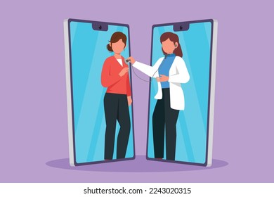 Graphic flat design drawing two smartphones facing each other with female doctor checking heart rate of female patient using stethoscope. Online doctor medical app. Cartoon style vector illustration