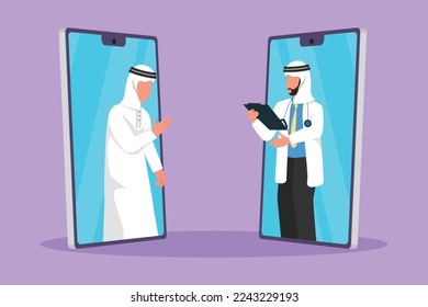 Grafische Flachdesigns, die zwei Smartphone-Gesicht zu Gesicht zeichnen, enthalten arabischen Mann Patient, der online mit einem männlichen Arzt spricht, während er die Zwischenablage hält. Online-Medizin für digitale Medien. Cartoon-Stil, Vektorgrafik