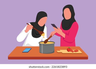 Graphic flat design drawing two Arabian woman cook together while looking at tutorial or recipe on smartphone. Friends learn to cook with modern digital technology. Cartoon style vector illustration