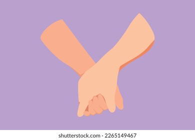 Graphic flat design drawing two hands holding each other. Sign or symbol of love, relationship, couple, marriage. Communication with hand gestures for care education. Cartoon style vector illustration