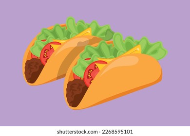 Graphic flat design drawing two stylized Mexican taco logo label. Emblem fast food nacho restaurant for cafe shop or food delivery service. Delicious meal for lunch. Cartoon style vector illustration