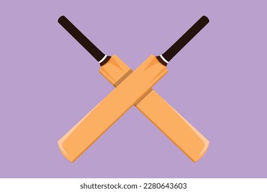 Graphic flat design drawing two crossed traditional wood cricket bats logo symbol. Sport equipment for cricket. Outdoor sport. Competitive and challenging team sport. Cartoon style vector illustration