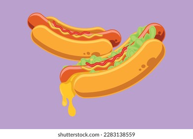 Graphic flat design drawing two fresh American hot dog logo graphic vector illustration. Fast food sandwich cafe menu and restaurant badge concept. Delicious lunch. Cartoon style vector illustration